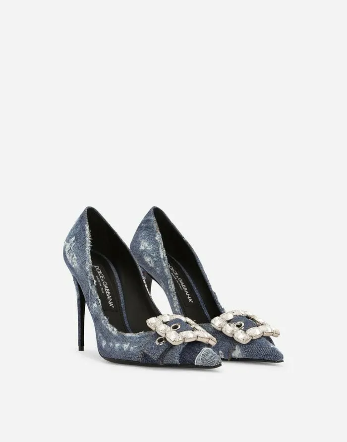 Dolce and Gabbana Pumps And Slingback Women Patchwork Denim Pumps With Rhinestone Buckle Blue