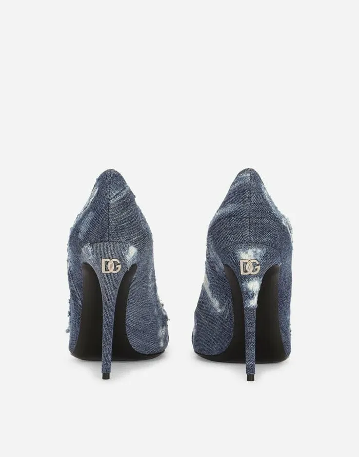 Dolce and Gabbana Pumps And Slingback Women Patchwork Denim Pumps With Rhinestone Buckle Blue