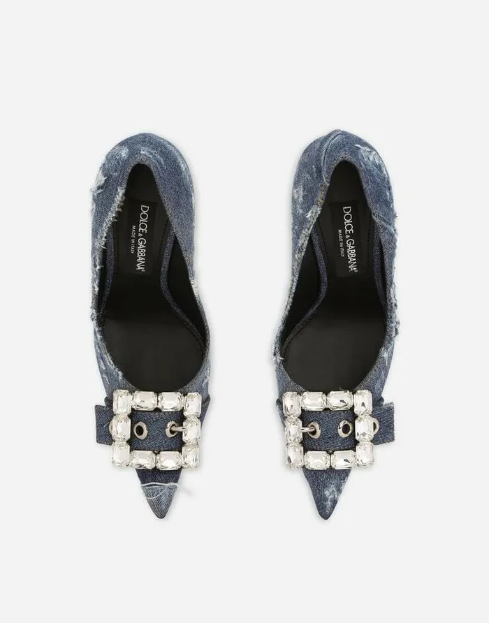 Dolce and Gabbana Pumps And Slingback Women Patchwork Denim Pumps With Rhinestone Buckle Blue