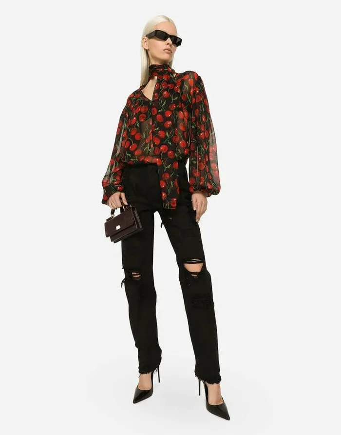 Dolce and Gabbana Shirts And Tops Women Cherryprint Chiffon Pussybow Blouse Multicolor Dolce and Gabbana Shirts And Tops Women Cherryprint Chiffon Pussybow Blouse Multicolor