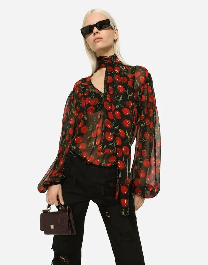 Dolce and Gabbana Shirts And Tops Women Cherryprint Chiffon Pussybow Blouse Multicolor Dolce and Gabbana Shirts And Tops Women Cherryprint Chiffon Pussybow Blouse Multicolor