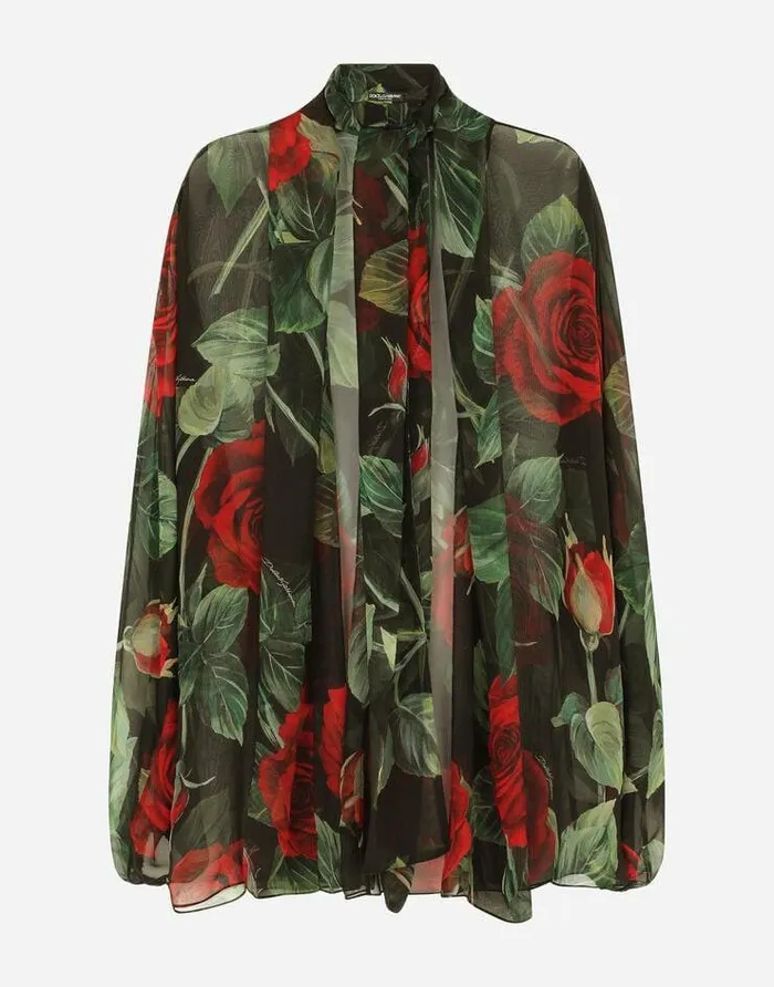 Dolce and Gabbana Shirts And Tops Women Chiffon Shirt With Red Rose Print Multicolor Dolce and Gabbana Shirts And Tops Women Chiffon Shirt With Red Rose Print Multicolor