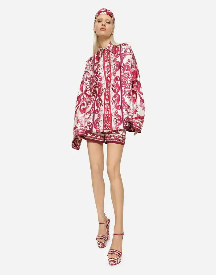Dolce and Gabbana Shirts And Tops Women Majolicaprint Twill Shirt With Slits Multicolor Dolce and Gabbana Shirts And Tops Women Majolicaprint Twill Shirt With Slits Multicolor
