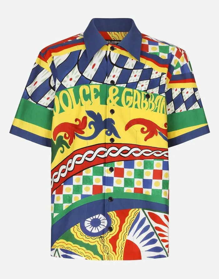 Dolce and Gabbana Shirts Men Carrettoprint Poplin Hawaiian Shirt Multicolor