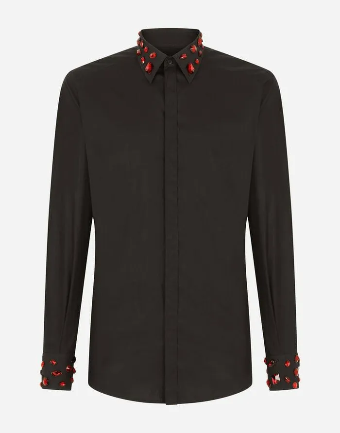 Dolce and Gabbana Shirts Men Cotton Goldfit Shirt With Rhinestone Embellishment Black
