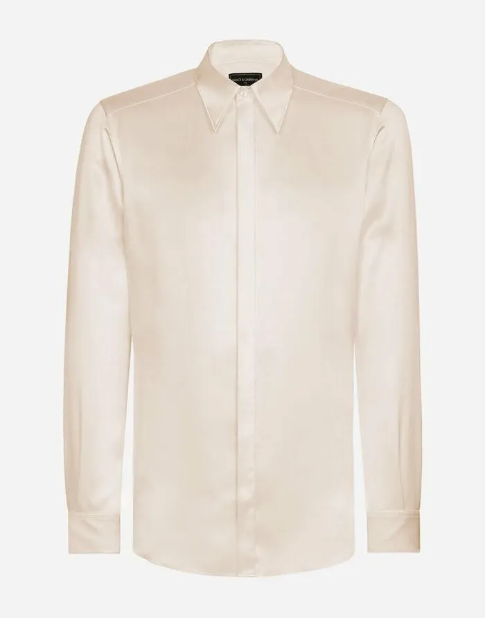 Dolce and Gabbana Shirts Men Silk Satin Martinifit Shirt With Metal DG Logo Pale Pink