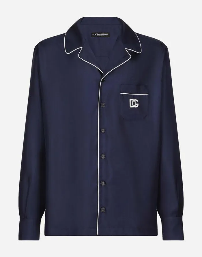 Dolce and Gabbana Shirts Men Silk Shirt With DG Logoembroidered Patch Blue
