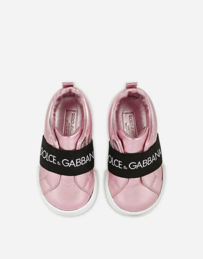 Dolce and Gabbana Shoes 2438 Children Kids First Steps Portofino Slipon Sneakers In Laminated Nappa Leather Pink Dolce and Gabbana Shoes 2438 Children Kids First Steps Portofino Slipon Sneakers In Laminated Nappa Leather Pink