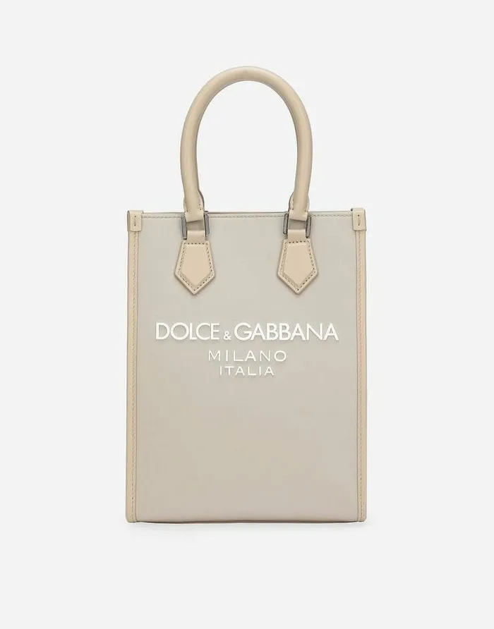 Dolce and Gabbana Shoppers Men Small Nylon Bag With Rubberized Logo Beige