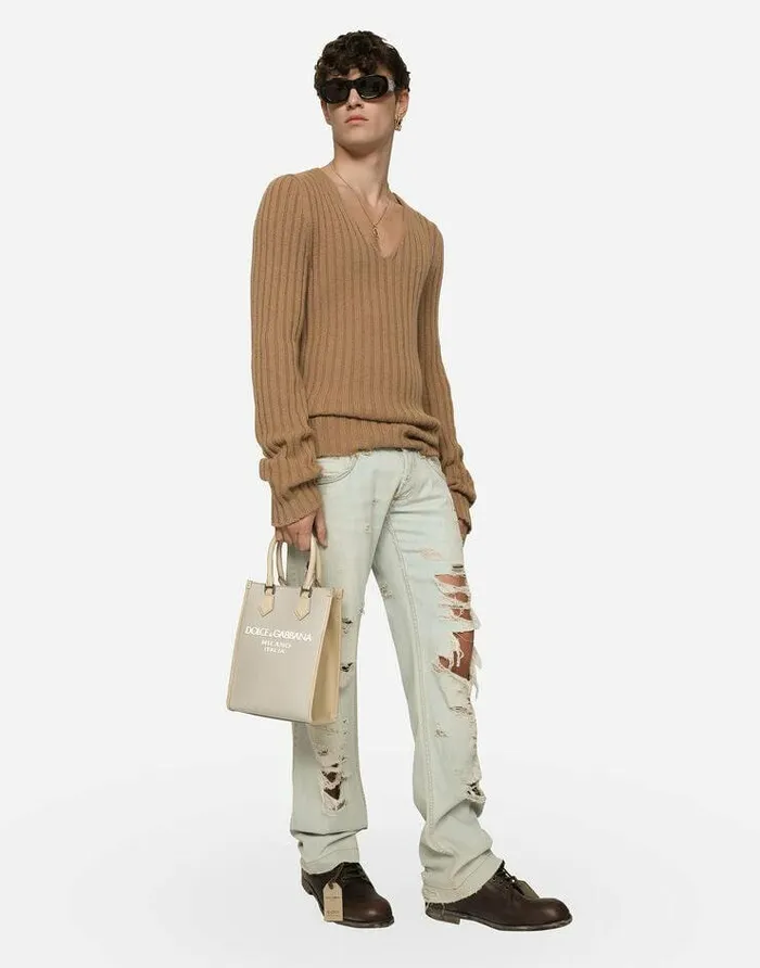 Dolce and Gabbana Shoppers Men Small Nylon Bag With Rubberized Logo Beige Dolce and Gabbana Shoppers Men Small Nylon Bag With Rubberized Logo Beige