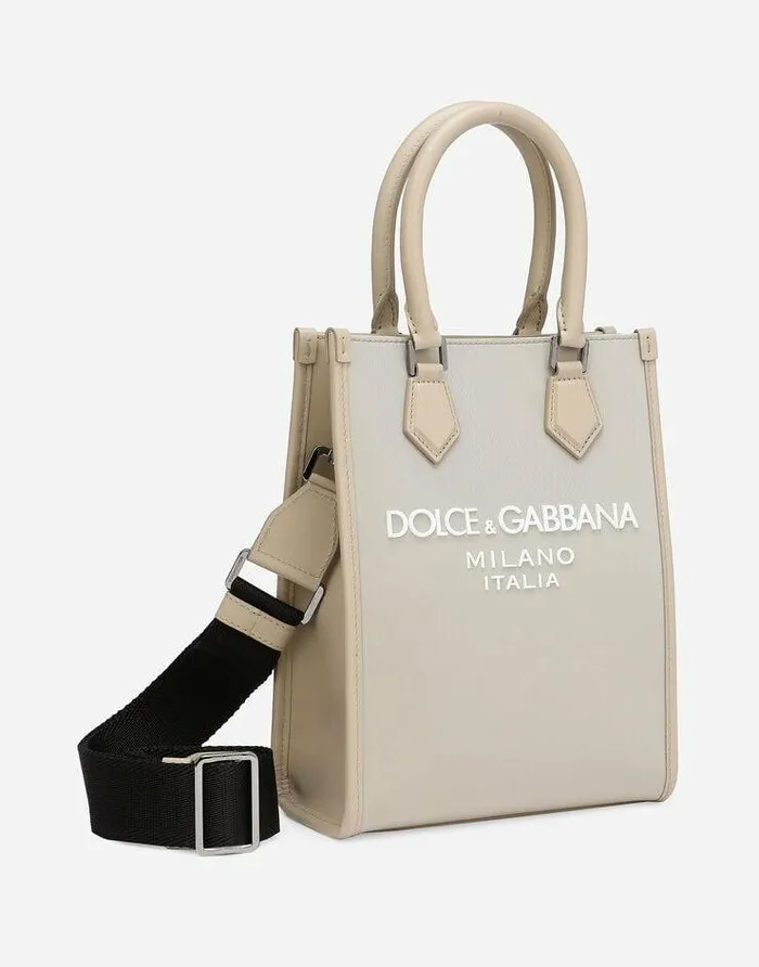 Dolce and Gabbana Shoppers Men Small Nylon Bag With Rubberized Logo Beige Dolce and Gabbana Shoppers Men Small Nylon Bag With Rubberized Logo Beige