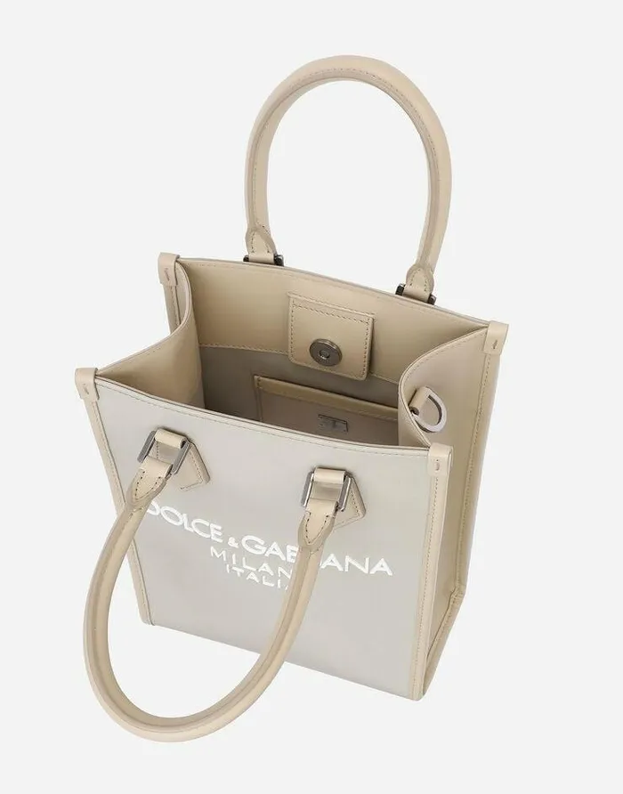 Dolce and Gabbana Shoppers Men Small Nylon Bag With Rubberized Logo Beige Dolce and Gabbana Shoppers Men Small Nylon Bag With Rubberized Logo Beige