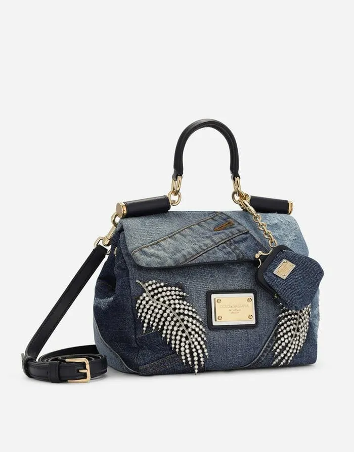 Dolce and Gabbana Shoulder And Crossbody Bags Women Small Patchwork Denim Sicily Soft Bag With Embroidery Denim