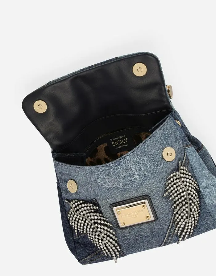 Dolce and Gabbana Shoulder And Crossbody Bags Women Small Patchwork Denim Sicily Soft Bag With Embroidery Denim