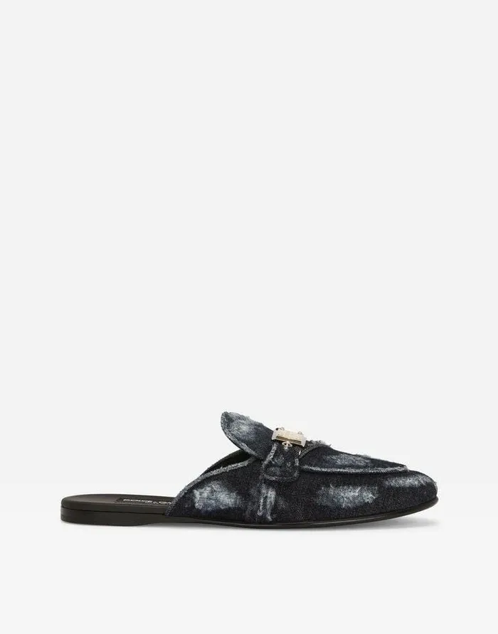 Dolce and Gabbana Slides And Mules Women Denim Slippers With Branded Plate Blue Dolce and Gabbana Slides And Mules Women Denim Slippers With Branded Plate Blue