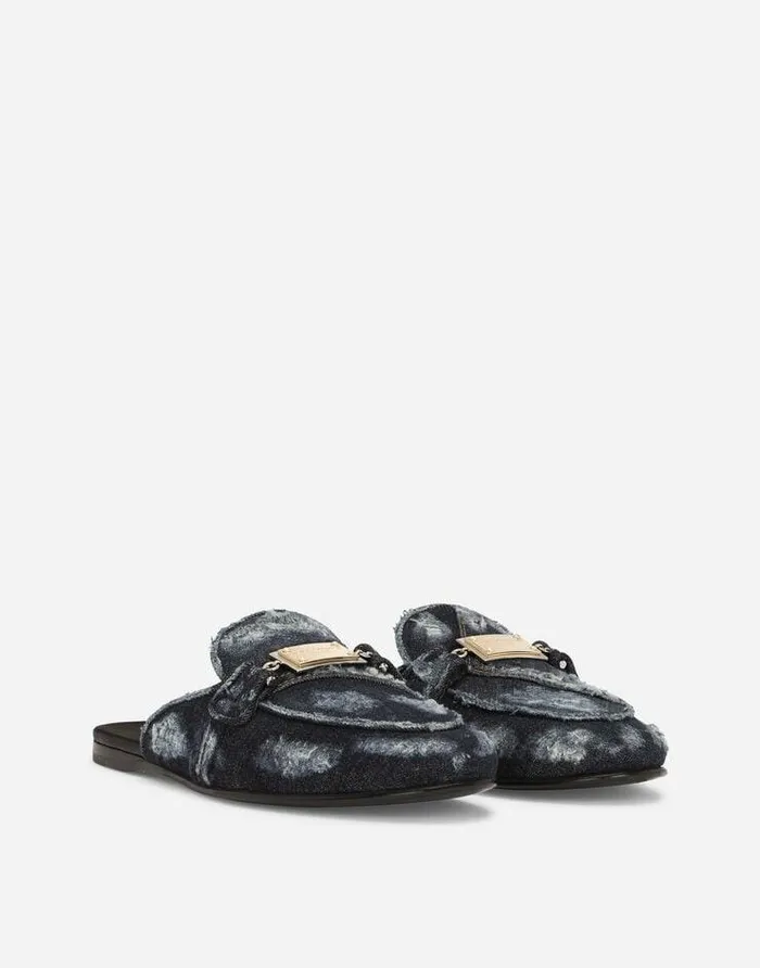 Dolce and Gabbana Slides And Mules Women Denim Slippers With Branded Plate Blue Dolce and Gabbana Slides And Mules Women Denim Slippers With Branded Plate Blue