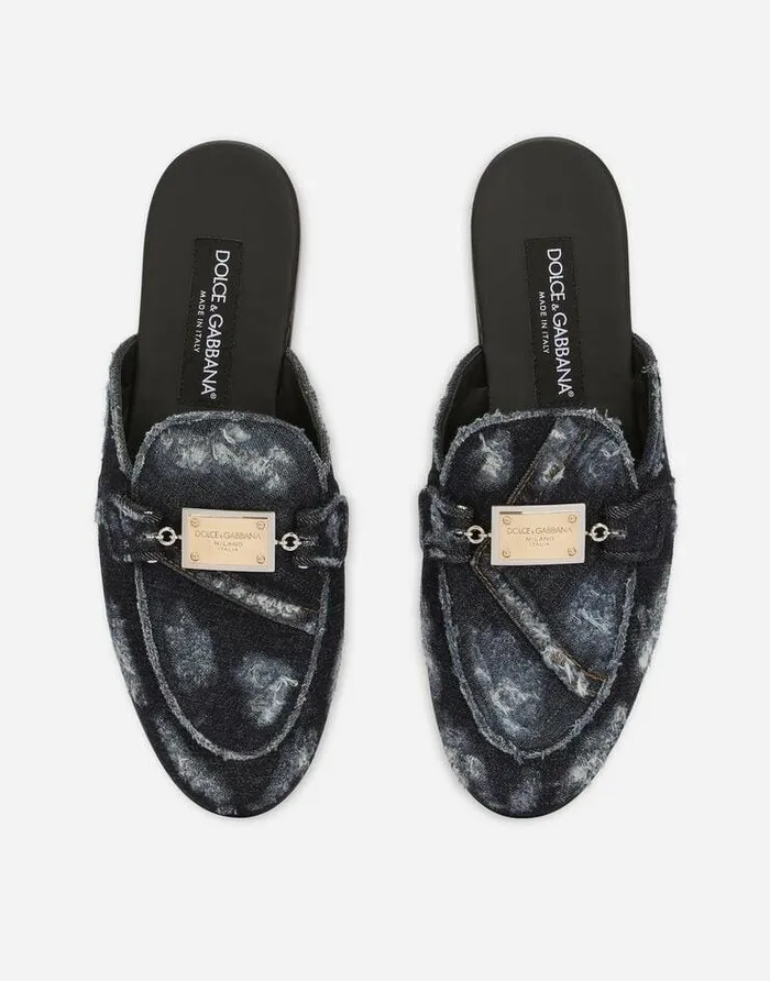 Dolce and Gabbana Slides And Mules Women Denim Slippers With Branded Plate Blue Dolce and Gabbana Slides And Mules Women Denim Slippers With Branded Plate Blue