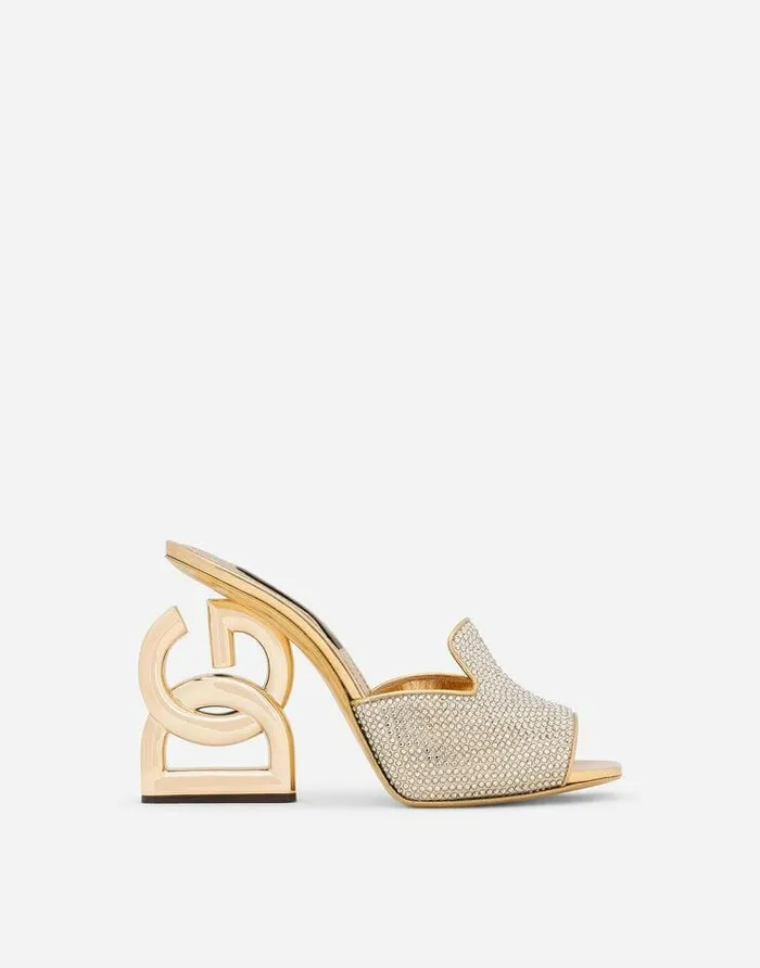 Dolce and Gabbana Slides And Mules Women Mules With Fusible Rhinestone Detailing And DG Pop Heel Gold Dolce and Gabbana Slides And Mules Women Mules With Fusible Rhinestone Detailing And DG Pop Heel Gold