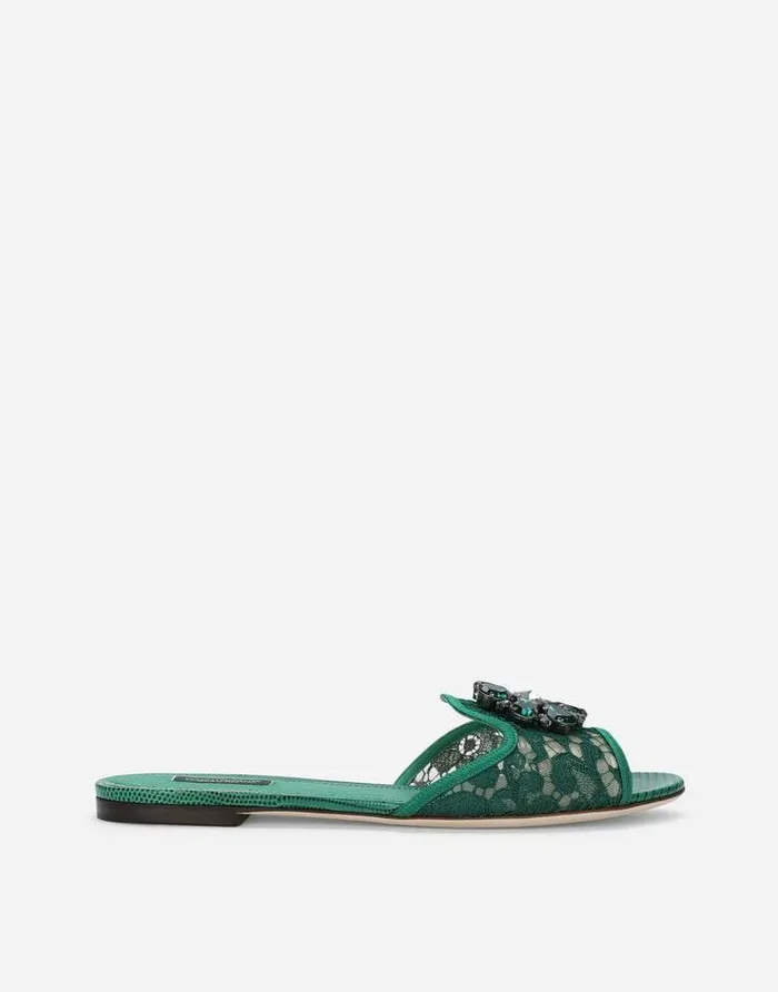 Dolce and Gabbana Slides And Mules Women Slippers In Lace With Crystals Green Dolce and Gabbana Slides And Mules Women Slippers In Lace With Crystals Green