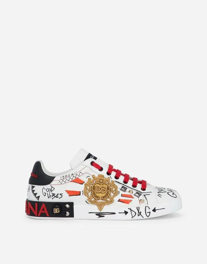 Dolce and Gabbana Sneakers Men Calfskin Portofino Sneakers With Embroidery And Studs Multicolor Dolce and Gabbana Sneakers Men Calfskin Portofino Sneakers With Embroidery And Studs Multicolor