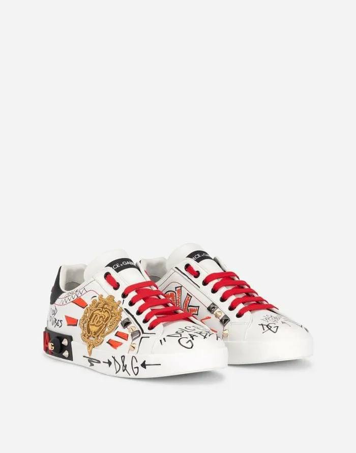 Dolce and Gabbana Sneakers Men Calfskin Portofino Sneakers With Embroidery And Studs Multicolor
