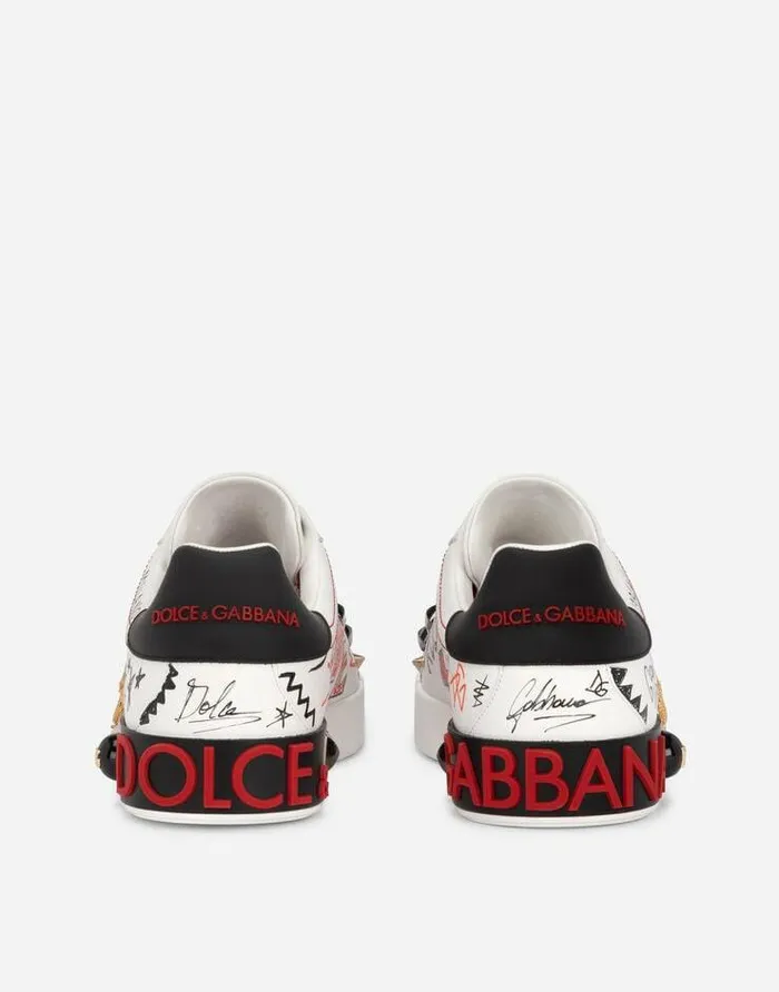 Dolce and Gabbana Sneakers Men Calfskin Portofino Sneakers With Embroidery And Studs Multicolor