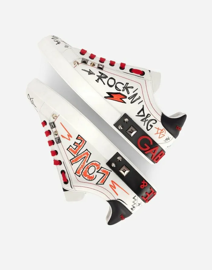 Dolce and Gabbana Sneakers Men Calfskin Portofino Sneakers With Embroidery And Studs Multicolor