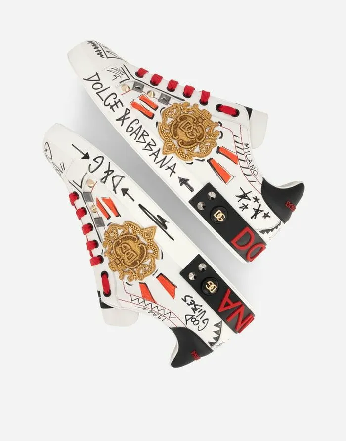 Dolce and Gabbana Sneakers Men Calfskin Portofino Sneakers With Embroidery And Studs Multicolor