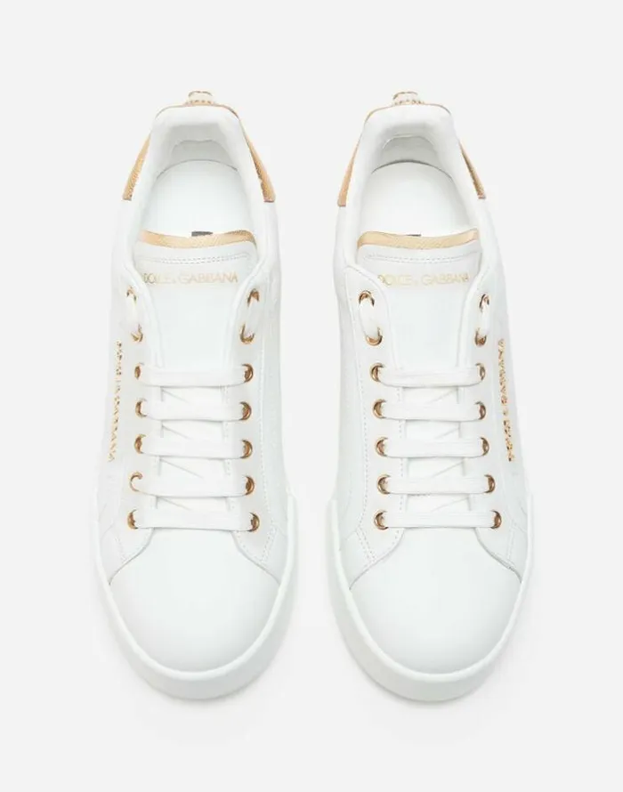 Dolce and Gabbana Sneakers Women Calfskin Nappa Portofino Sneakers With Lettering Whitegold Dolce and Gabbana Sneakers Women Calfskin Nappa Portofino Sneakers With Lettering Whitegold