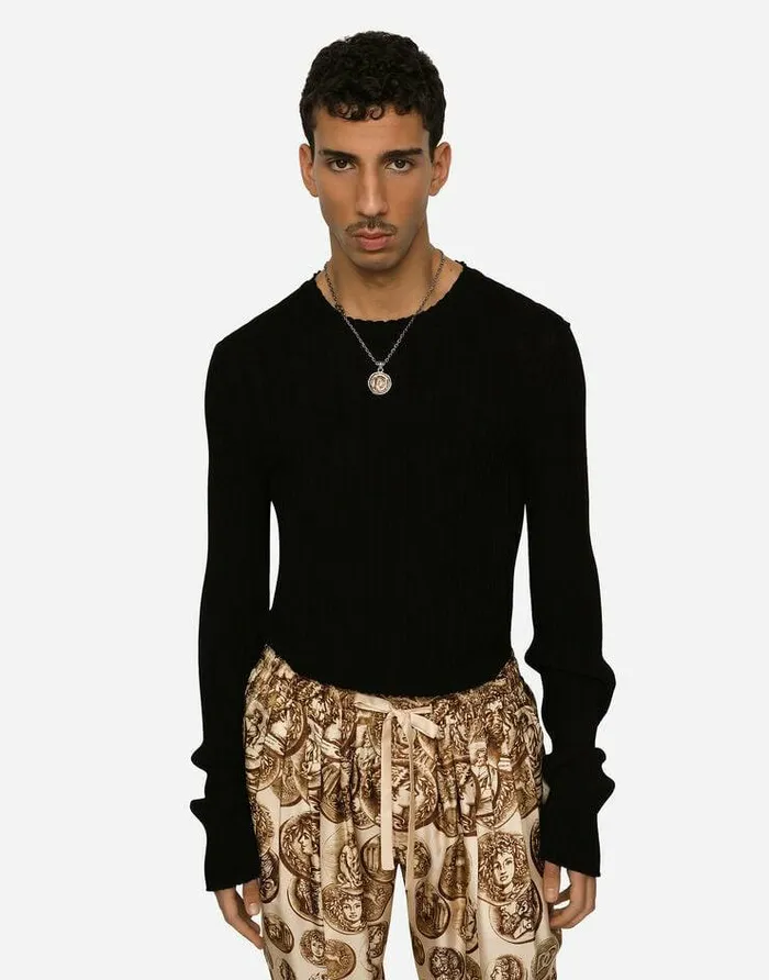 Dolce and Gabbana Sweaters And Cardigans Men Crew Neck Sweater In Ribbed Technical Cotton Black Dolce and Gabbana Sweaters And Cardigans Men Crew Neck Sweater In Ribbed Technical Cotton Black