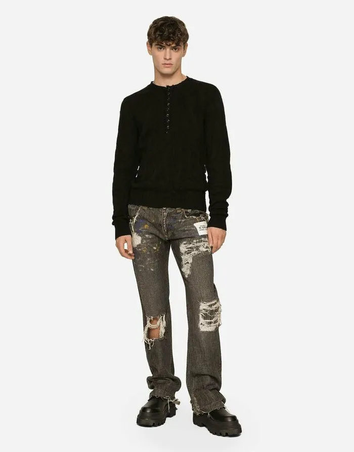Dolce and Gabbana Sweaters And Cardigans Men Grandad Neck Top In Virgin Wool Black Dolce and Gabbana Sweaters And Cardigans Men Grandad Neck Top In Virgin Wool Black