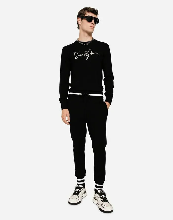Dolce and Gabbana Sweaters And Cardigans Men Wool Roundneck Sweater With DolceandGabbana Embroidery Black
