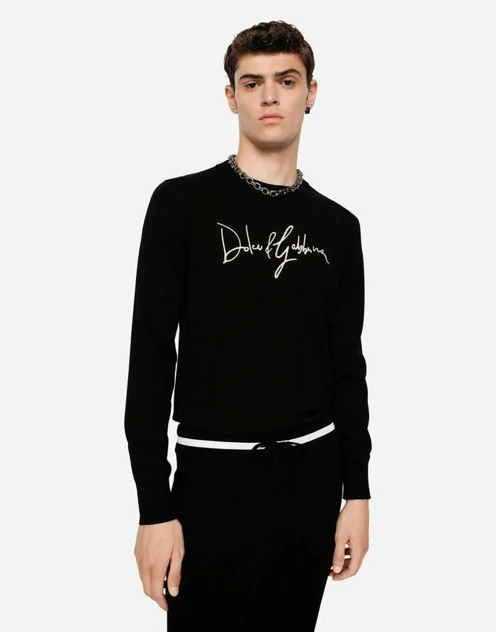 Dolce and Gabbana Sweaters And Cardigans Men Wool Roundneck Sweater With DolceandGabbana Embroidery Black