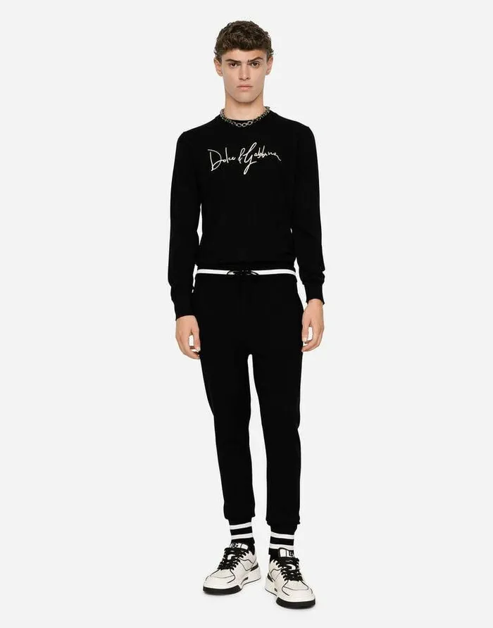 Dolce and Gabbana Sweaters And Cardigans Men Wool Roundneck Sweater With DolceandGabbana Embroidery Black