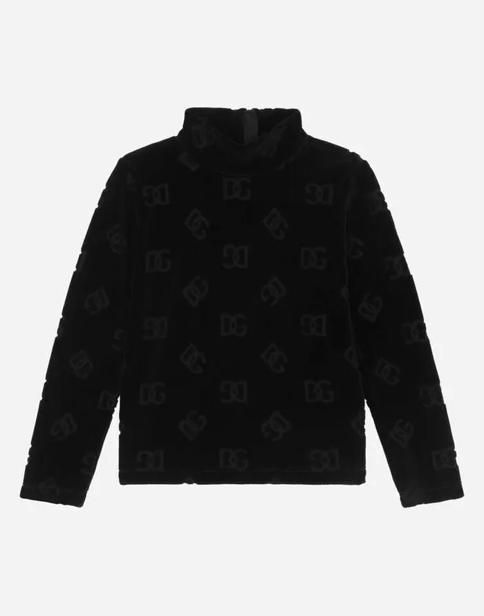 Dolce and Gabbana Sweaters Children Velvet Jacquard Tshirt With DG Logo Black Dolce and Gabbana Sweaters Children Velvet Jacquard Tshirt With DG Logo Black