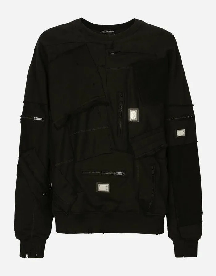 Dolce and Gabbana Sweatshirts Men Patchwork Jersey Sweatshirt With Logo Tag Black
