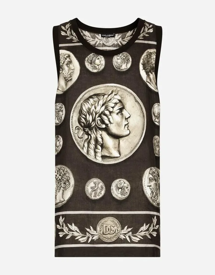 Dolce and Gabbana TShirts And Polos Men Coin Print Tank Top In Cotton And Linen Brown