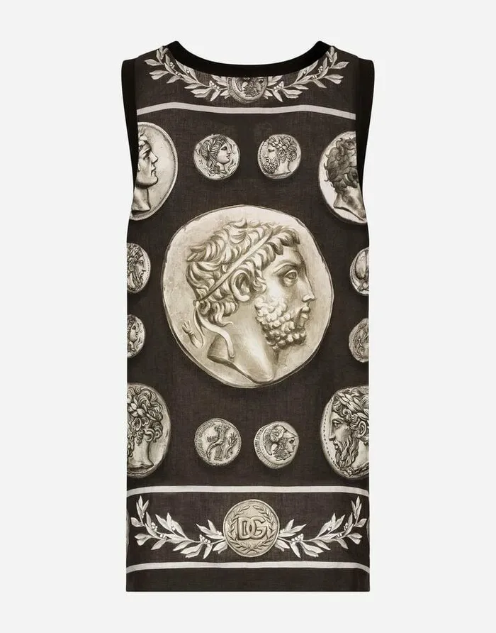 Dolce and Gabbana TShirts And Polos Men Coin Print Tank Top In Cotton And Linen Brown Dolce and Gabbana TShirts And Polos Men Coin Print Tank Top In Cotton And Linen Brown