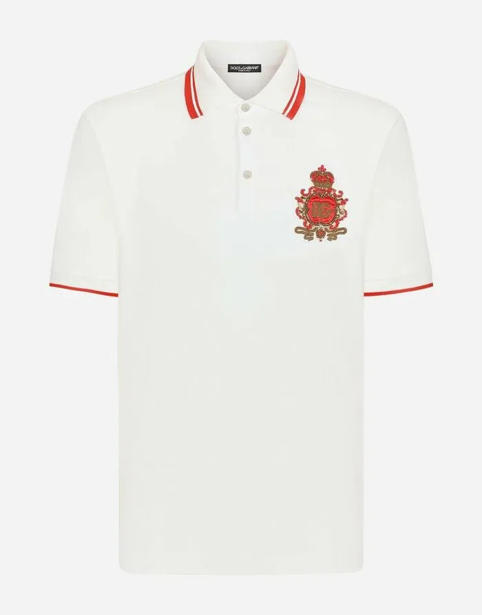 Dolce and Gabbana TShirts And Polos Men Cotton Piqu Poloshirt With Heraldic Patch White