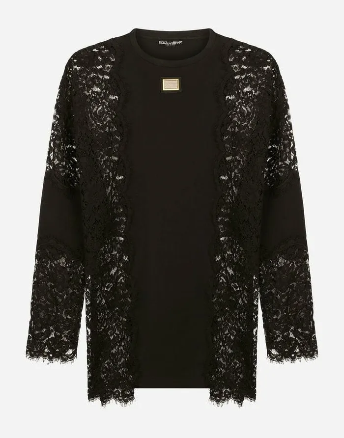 Dolce and Gabbana TShirts And Polos Men Longsleeved Tshirt With Lace Inserts Black