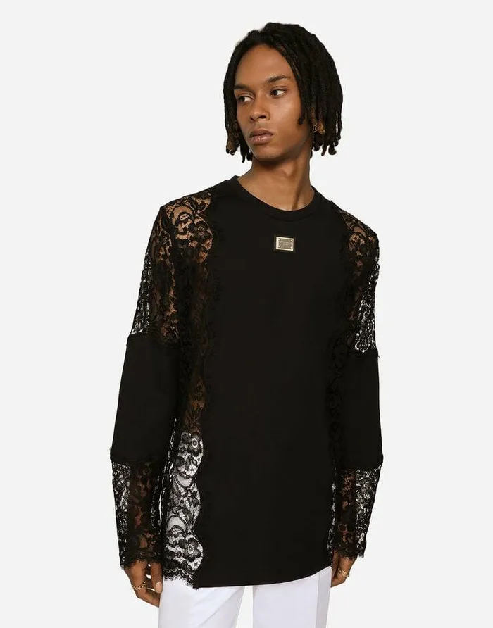 Dolce and Gabbana TShirts And Polos Men Longsleeved Tshirt With Lace Inserts Black Dolce and Gabbana TShirts And Polos Men Longsleeved Tshirt With Lace Inserts Black