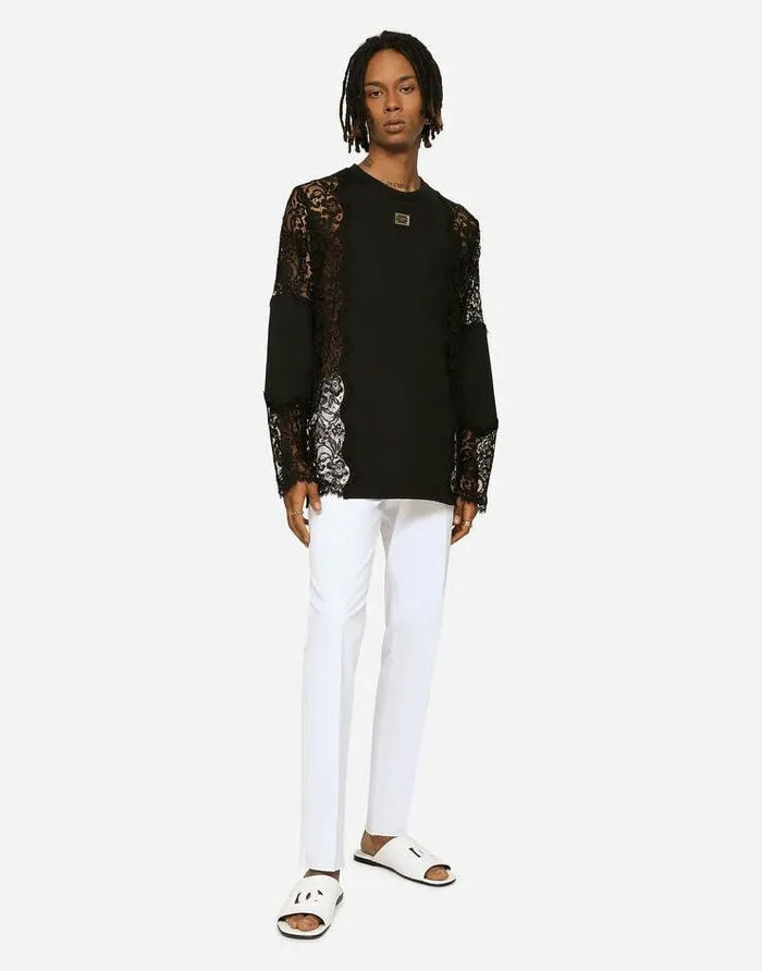 Dolce and Gabbana TShirts And Polos Men Longsleeved Tshirt With Lace Inserts Black Dolce and Gabbana TShirts And Polos Men Longsleeved Tshirt With Lace Inserts Black