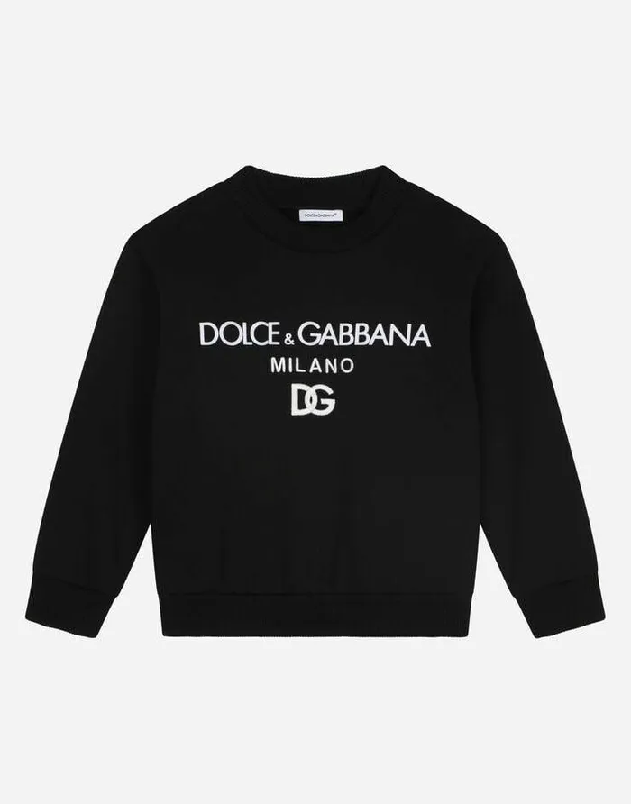 Dolce and Gabbana TShirts And Sweatshirts Children Jersey Roundneck Sweatshirt With DG Milano Embroidery Black