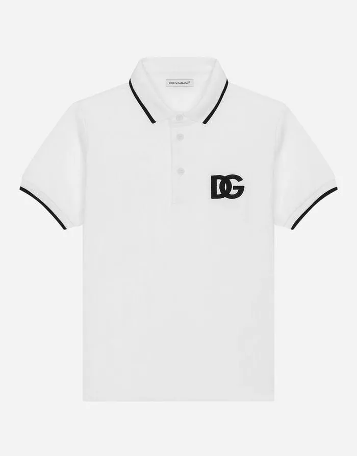 Dolce and Gabbana TShirts And Sweatshirts Children Piqu Poloshirt With DG Logo Embroidery White
