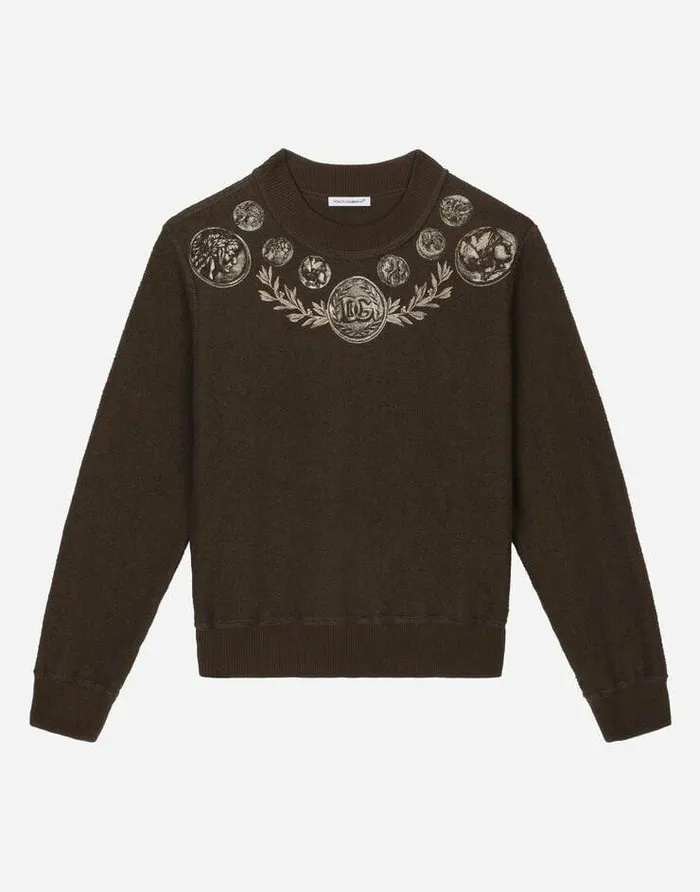 Dolce and Gabbana TShirts And Sweatshirts Children Roundneck Jersey Sweatshirt With Coin Print Brown