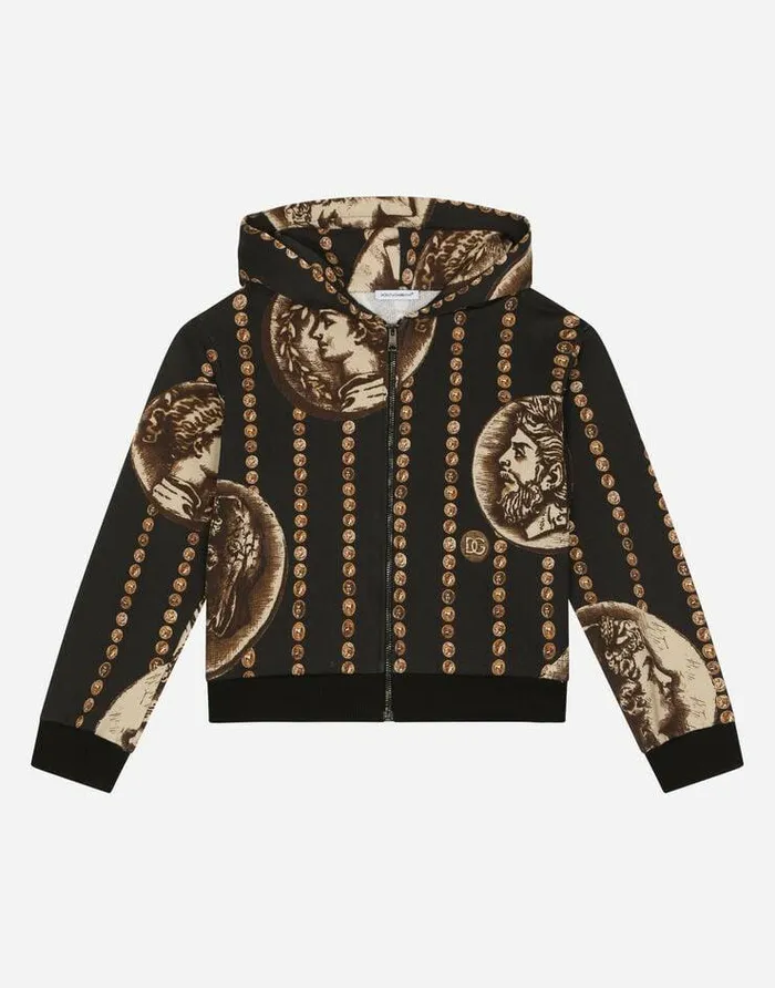 Dolce and Gabbana TShirts And Sweatshirts Children Zipup Hoodie With Allover Coin Print Black
