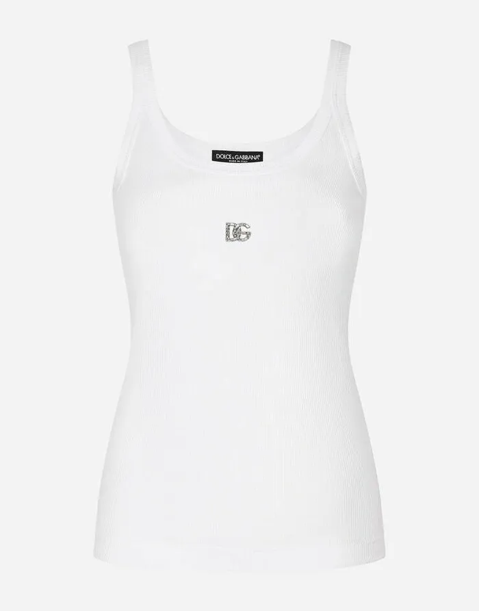 Dolce and Gabbana TShirts And Sweatshirts Women Finerib Tank Top With Crystal DG Logo White Dolce and Gabbana TShirts And Sweatshirts Women Finerib Tank Top With Crystal DG Logo White