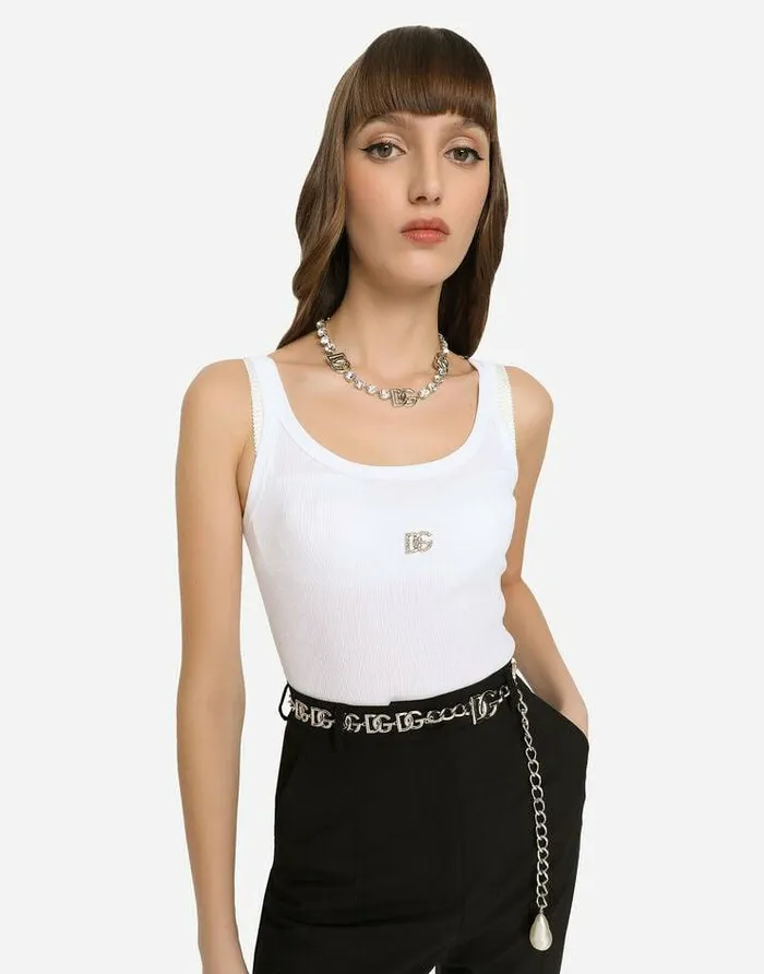 Dolce and Gabbana TShirts And Sweatshirts Women Finerib Tank Top With Crystal DG Logo White Dolce and Gabbana TShirts And Sweatshirts Women Finerib Tank Top With Crystal DG Logo White