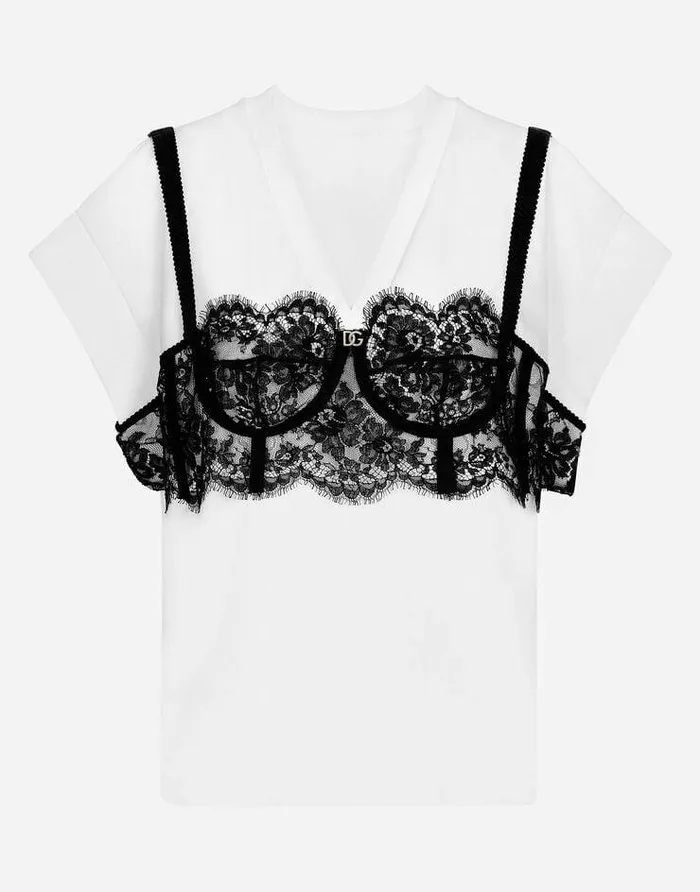 Dolce and Gabbana TShirts And Sweatshirts Women Jersey Tshirt With Lace Bustier Detail White Dolce and Gabbana TShirts And Sweatshirts Women Jersey Tshirt With Lace Bustier Detail White
