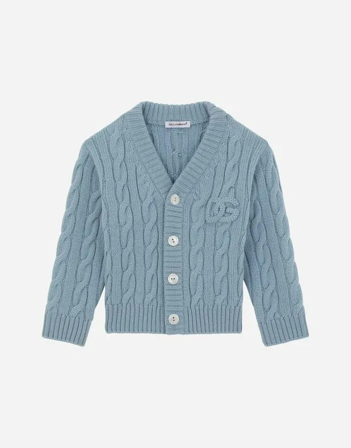 Dolce and Gabbana Topwear Children Cableknit Cardigan With DG Logo Patch Azure Dolce and Gabbana Topwear Children Cableknit Cardigan With DG Logo Patch Azure
